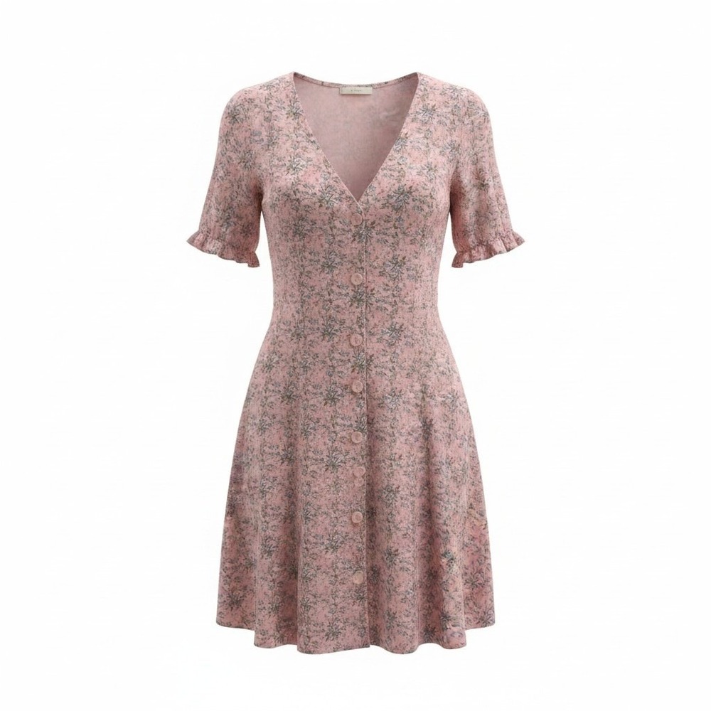 POL Women Small Pink Floral Mini Dress Button Front Ruffle Sleeve